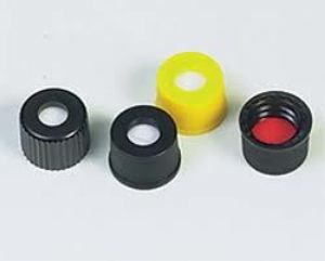 Picture of 8-425mm Black Open Hole Polypropylene Closure, Red PTFE/Silicone Septa, 0.060” with Slit 806070-08