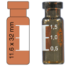 Crimp neck vial, N 11, 11.6x32.0 mm, 1.5 mL, label, flat bottom, amber,silanized  702076 