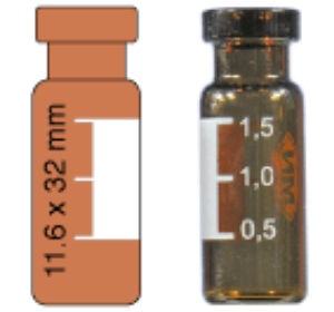 Picture of Crimp neck vial, N 11, 11.6x32.0 mm, 1.5 mL, label, flat bottom, amber,silanized  702076 