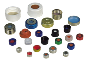Picture of Crimp closure, N 11, alu., green, center hole, Silicone white/PTFE red, 1.3 mm 70288.1