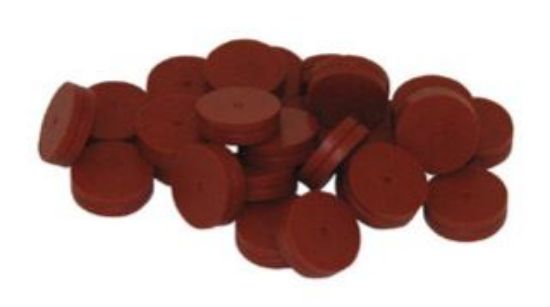 Picture of 10mm Diameter Red High Temp GC Septa with Guide Hole, 3mm Thick, Long Life - 450 Injections, Max Temp 400°C 606GHT-10R