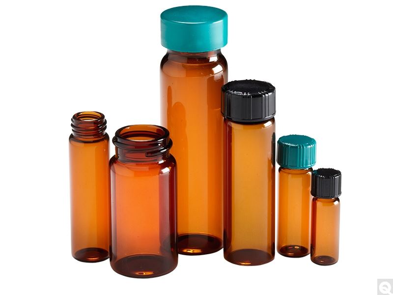 17 x 60mm 2 dram (7.5ml) Amber Borosilicate Vial with 15-425 Green Thermoset F217 & PTFE Lined Cap attached GLC-06788