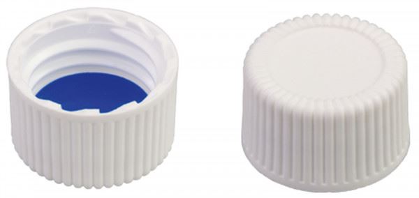 Screw closure (bonded), N 13, PP, white, closed top, Silicone w./PTFE blue,1.3mm 702113