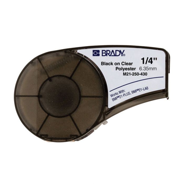 BMP21 Series, B-430 Clear Polyester labels, 6.35mm x 6.4 Metres, Black on Clear, 139755