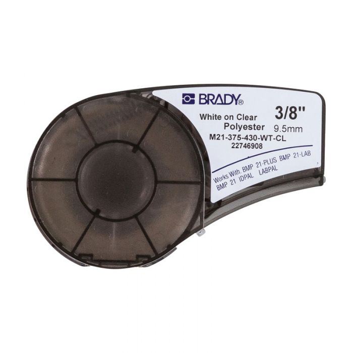 BMP21 Series, B-430 Clear Polyester labels, 9.53mm x 6.4 Metres, White on Clear, 139748