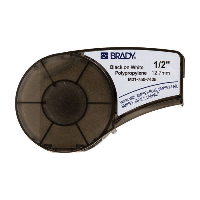 BMP21 Series, B-7425 Polypropylene labels, Black on White, 12.7mm x 6.4 Metres, 121015