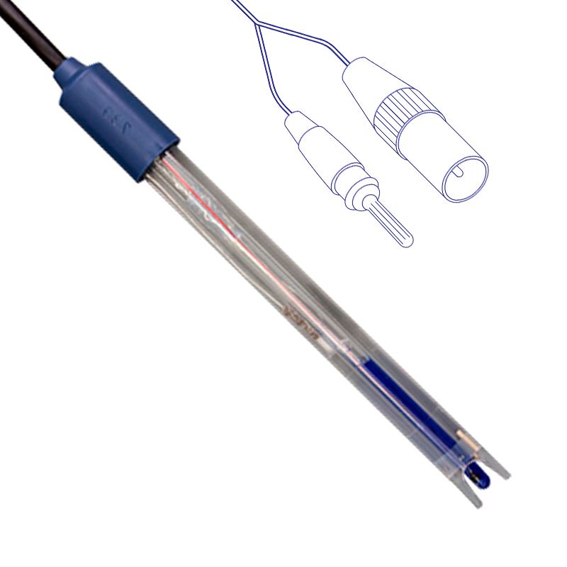 pH electrode mod. 201T DIN, range pH  0…14, temp. 0…+60 °C, Cable fix / DIN, with temperature sensor NTC 30 KΩ single Banana plug  50002052