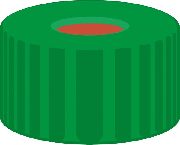 Screw closure, N 9, PP, green, center hole, Red Rubber/FEP colorless, 1.0 mm 702082