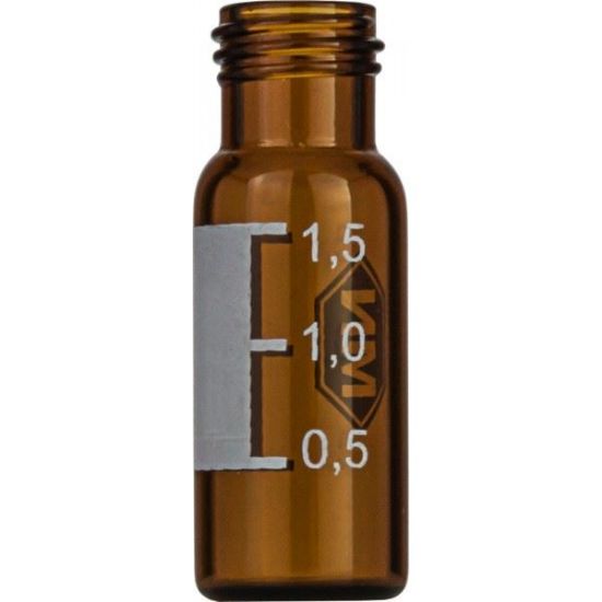 Picture of Screw neck vial, N 9, 11.6x32.0 mm, 1.5 mL, label, flat bottom, amber 702284 