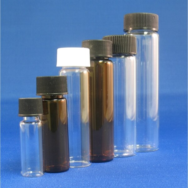 2 Dram, Amber 17x60mm Vial, 15-425mm Thread, Black Polypropylene Open Hole Cap, PTFE/Silicone Lined 88030-1760A