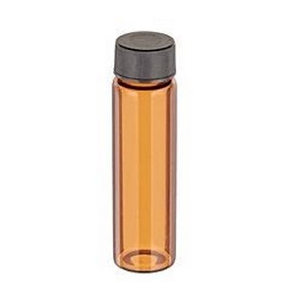 Picture of 3 Dram, Amber 19x65mm Vial, 15-425mm Thread, Black Polypropylene Open Hole Cap, PTFE/Silicone Lined 812030-1965A
