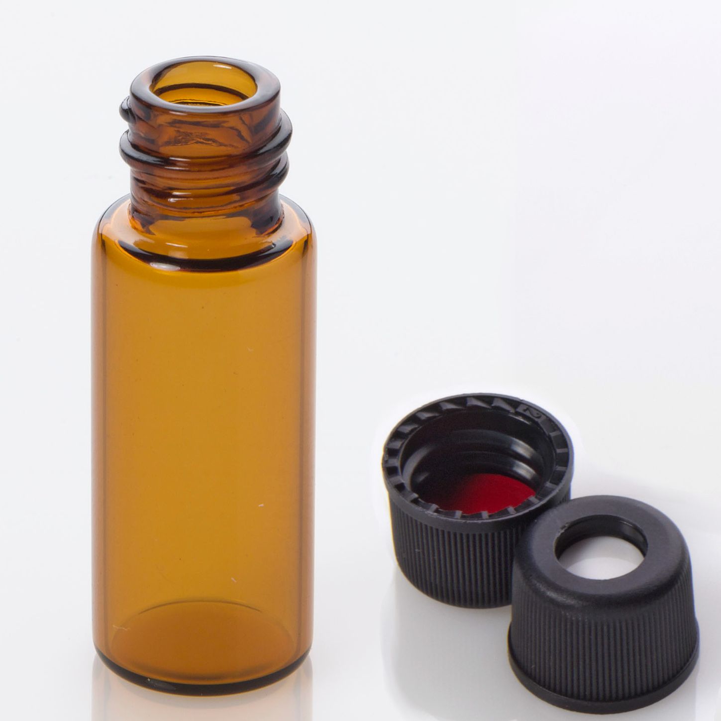 Amber 8-425mm Threaded Vial, 12x32mm, Black Polypropylene Cap, Red PTFE/Silicone Septa, 0.045", 804550-1232A