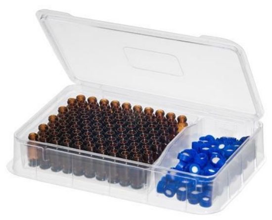 Picture of Amber 9mm Thread Vial w/Grad. Spot, 12x32mm,  0.040" PTFE/Butyl Rubber Septa, Smooth Royal Blue Cap, 8494EF-12ARB