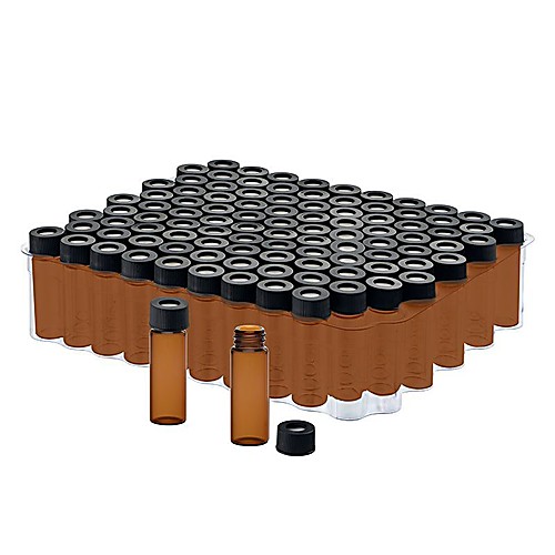 Amber 9mm Thread R.A.M.™ Vial, 12x32mm,  0.040" Red PTFE/Silicone Septa, Smooth Black Cap, 80495F-12A