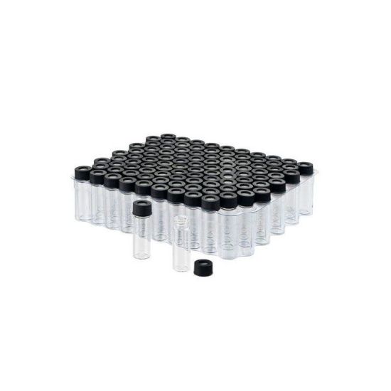 Picture of Clear 9mm Thread R.A.M.™ Vial w/Grad. Spot, 12x32mm,  0.040" Red PTFE/Silicone Septa, Smooth Black Cap, 80495EF-12