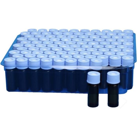 Picture of Amber 9mm Thread R.A.M.™ Vial, 12x32mm,  0.040" PTFE/Butyl Rubber Septa, Ribbed Royal Blue Cap 80494-12AFRB