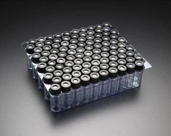 Picture of Clear 9mm Thread R.A.M.™ Vial w/Grad. Spot, 12x32mm,  0.040" Red PTFE/Silicone Septa, Ribbed Black Cap, 80495E-12F