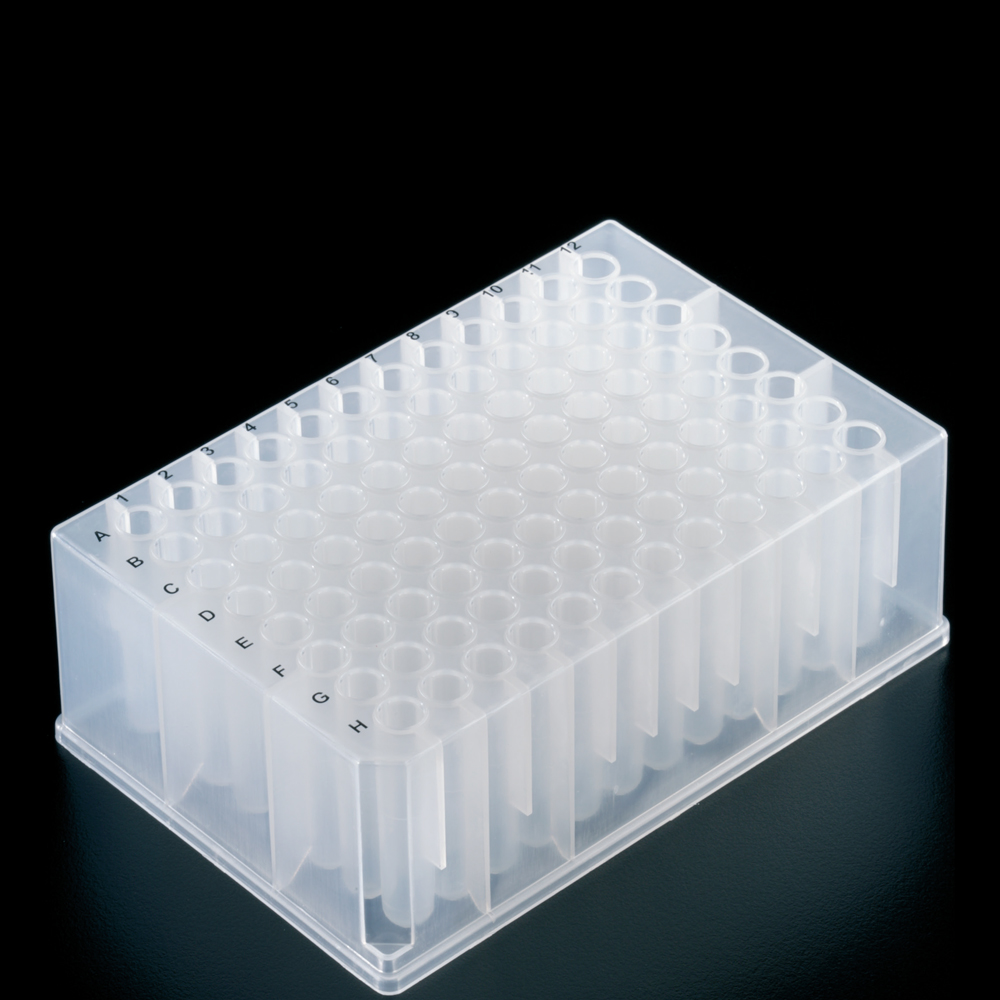 96-Round Deep Well Plate, Assembled with 1.0mL Tapered Glass Insert w/Flat Tip, 8x45mm & Pierceable PTFE/Sil Mat with Slit,  99175WFT-96P