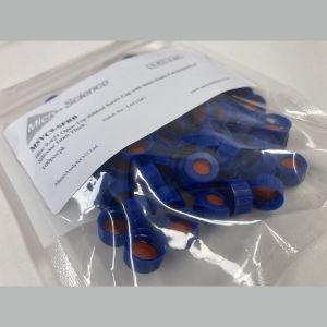 Picture of PFAS screw cap,Blue 9-425 Open Top Ribbed Screw Cap with 9mm Septa Polyimide/Red Silicone 1mm Thick. 100pcs/pk MSVC9-SFRB
