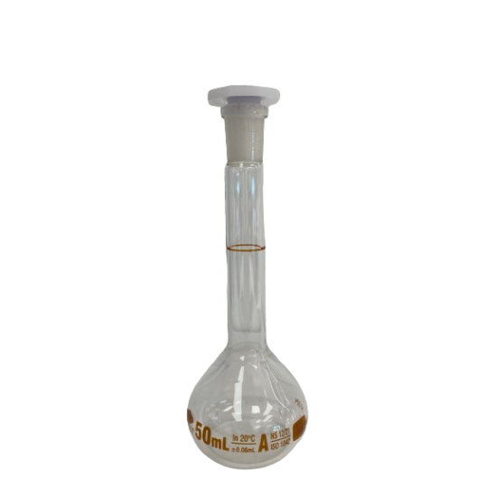 Picture of Volumetric Flasks, Clear, Glass 'A' with Batch Certificate, 50ml, Amber Circle, pk2, MS 3600.102.07