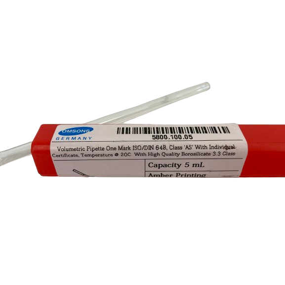 Volumetric Pipette One Mark ISO/DIN 648, Class 'AS' With Individual Certificate, 5ml, Amber Printing, pk10, MS 5800.100.05