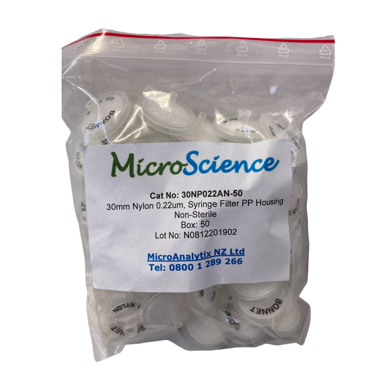 30mm Nylon Syringe Filter 0.22um, Non sterile, PP housing, bx50,  (MS SF30NP022NS) 30NP022ANMS