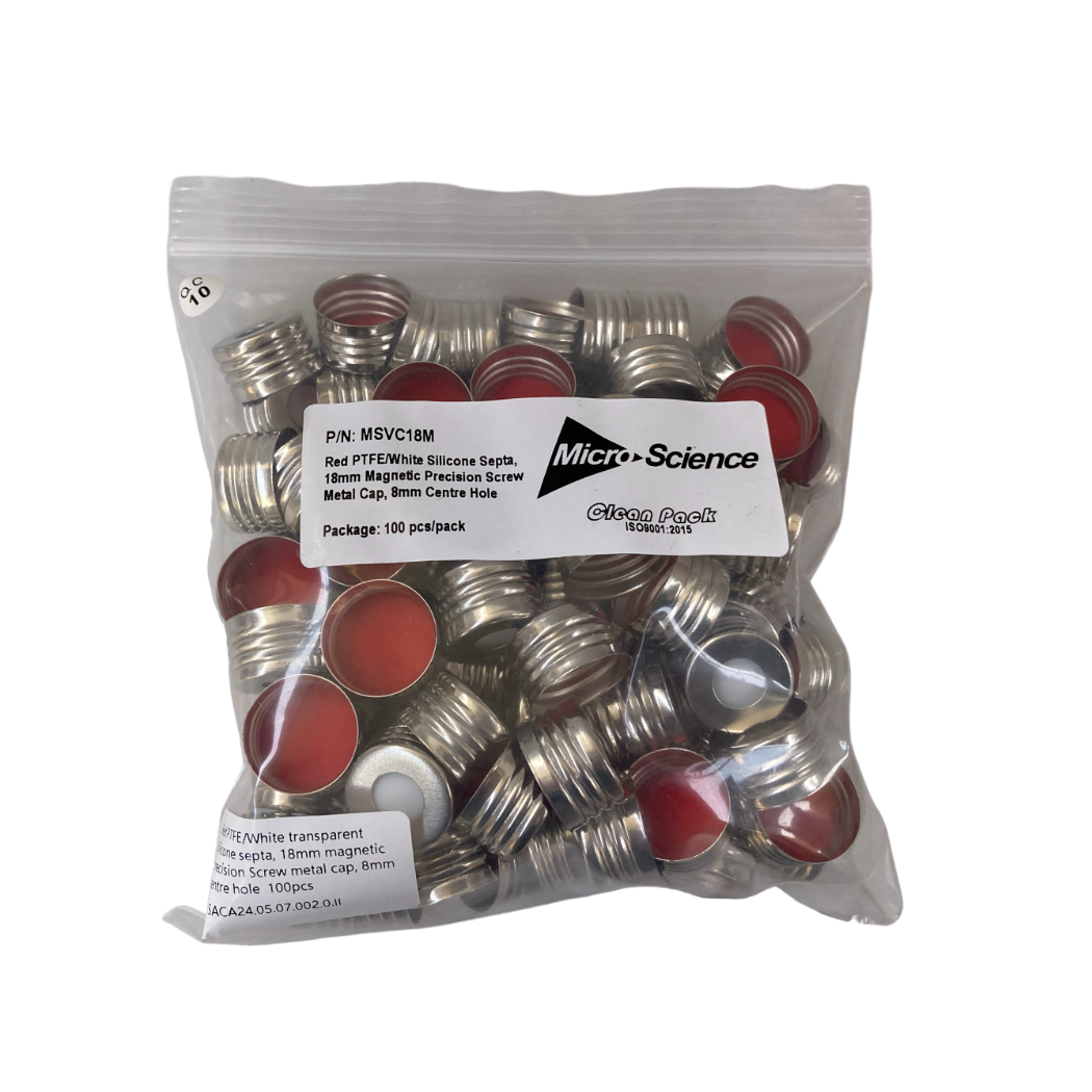 18mm Magnetic Precision Screw  Metal cap, 8mm Centre Hole, Red PTFE/White Sil Septa,pk100, MSVC18M