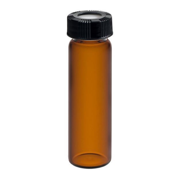 Precleaned - 40mL Amber Vial, 24-400mm Open Top Black Closure, 0.125" PTFE/Silicone Top Hat™ Lined 9A-130-2