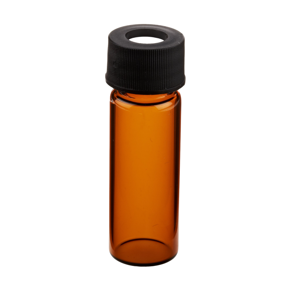 20mL Amber Vial, 24-400mm Open Top Black Closure, 0.125" PTFE/Silicone Top Hat™ Lined 9A-131