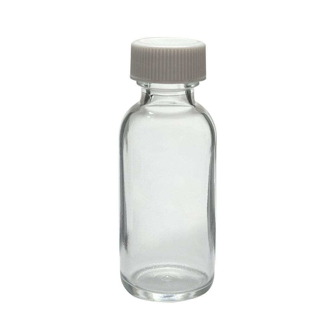 1 oz, 30mL Clear Boston Round, 31x79mm, 20-400mm Thread, White Closure, PTFE Lined  9-170