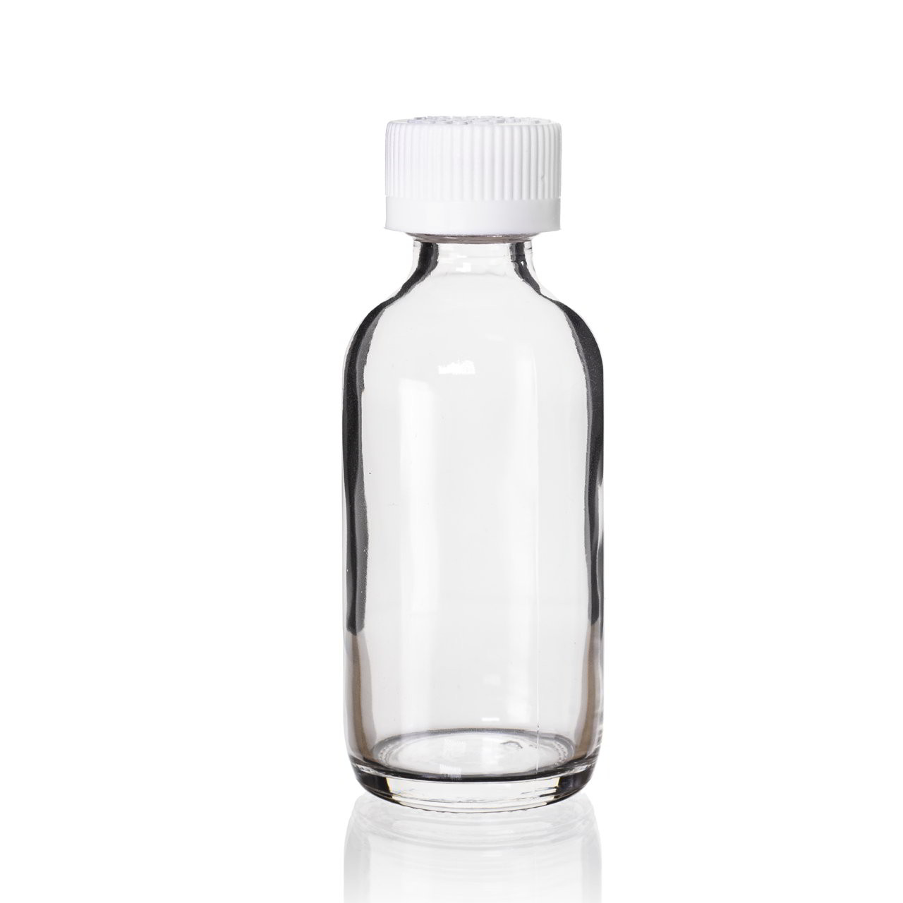 Precleaned - 2 oz, 60mL Clear Boston Round, 39x94mm, 20-400mm Thread, White Closure, PTFE Lined  9-171-2